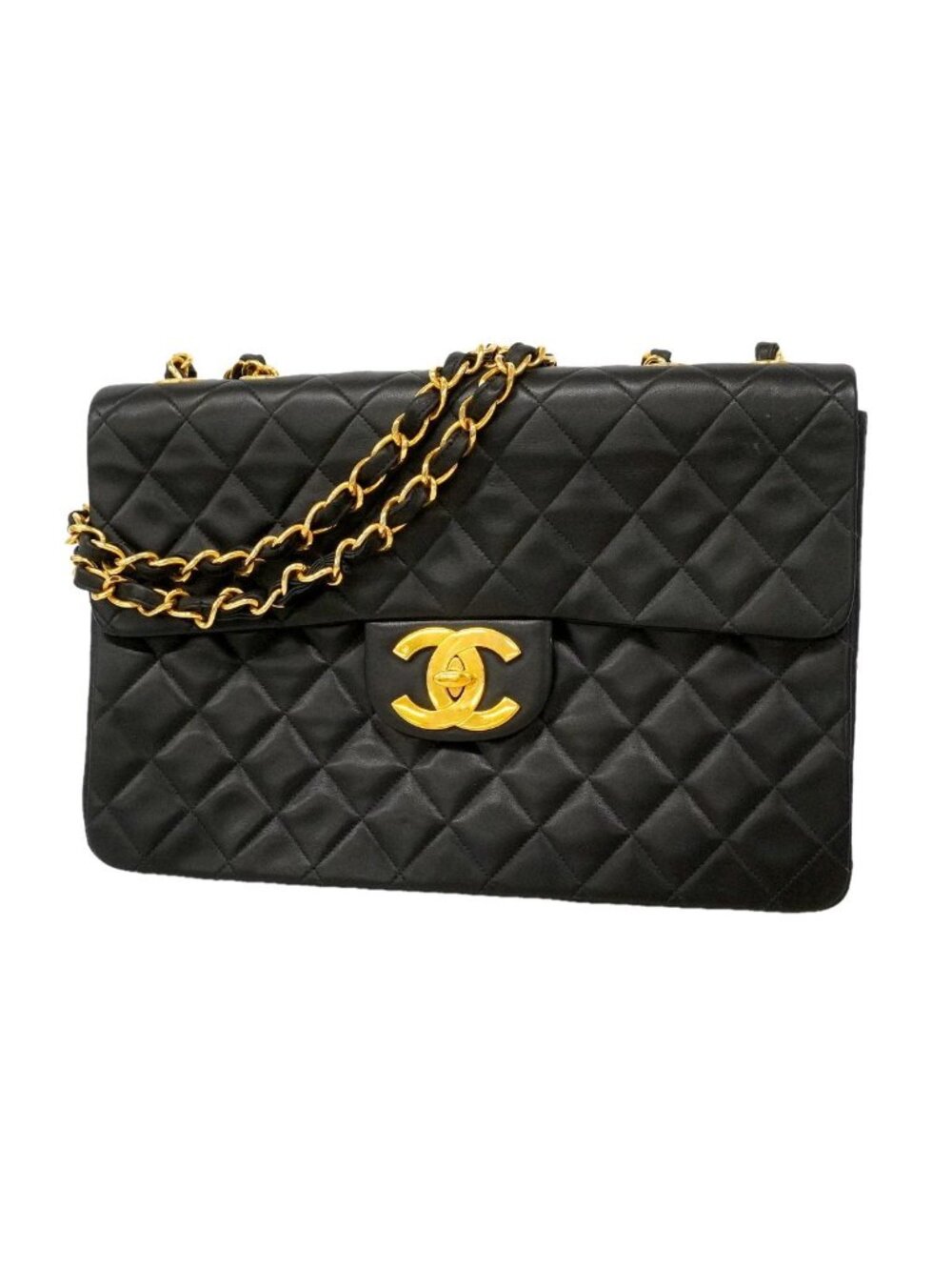 Chanel Shoulder Bag Maxi Quilted Lambskin Black Gold